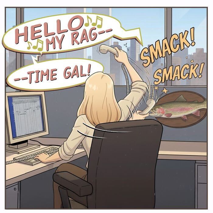 A comic from Victor Gnarly's Yesterday's Papers showing a woman talking on a landline phone. Nostalgic comics.