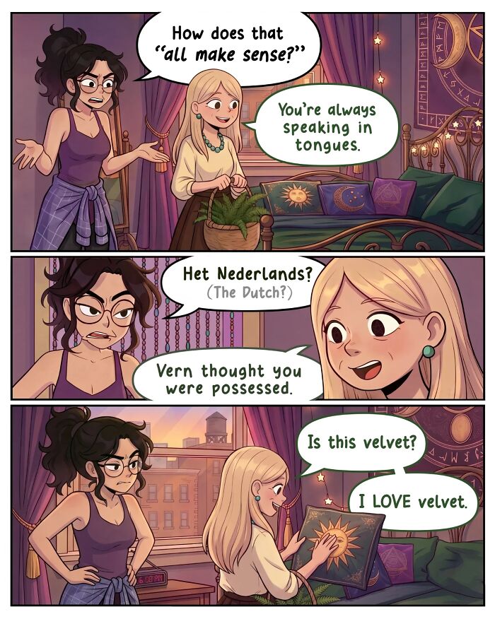 A comic from Victor Gnarly's Yesterday's Papers showing a woman moving into a new room. Nostalgic comics.