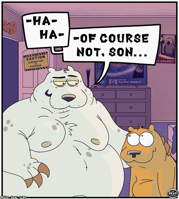 Hilarious animal comics: A smaller bear looking concerned, with a speech bubble saying 'It's just one crisis after another-'