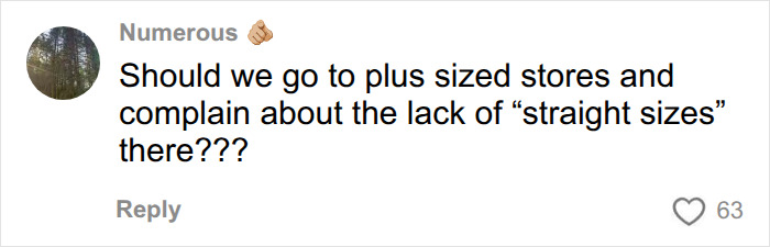 A comment asking if people should complain about a lack of straight sizes in plus-sized stores, related to a plus-size influencer. A comment asking if people should complain about a lack of straight sizes in plus-sized stores, related to a plus-size influencer.
