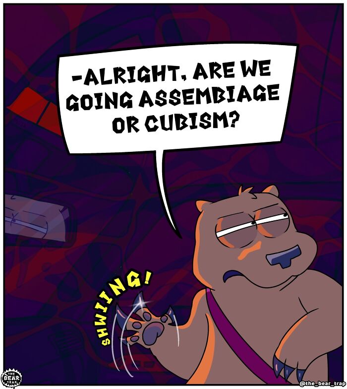 A comic of a bear inside a car, ready to scratch a double-parked car with his claws. Hilarious animal comics.