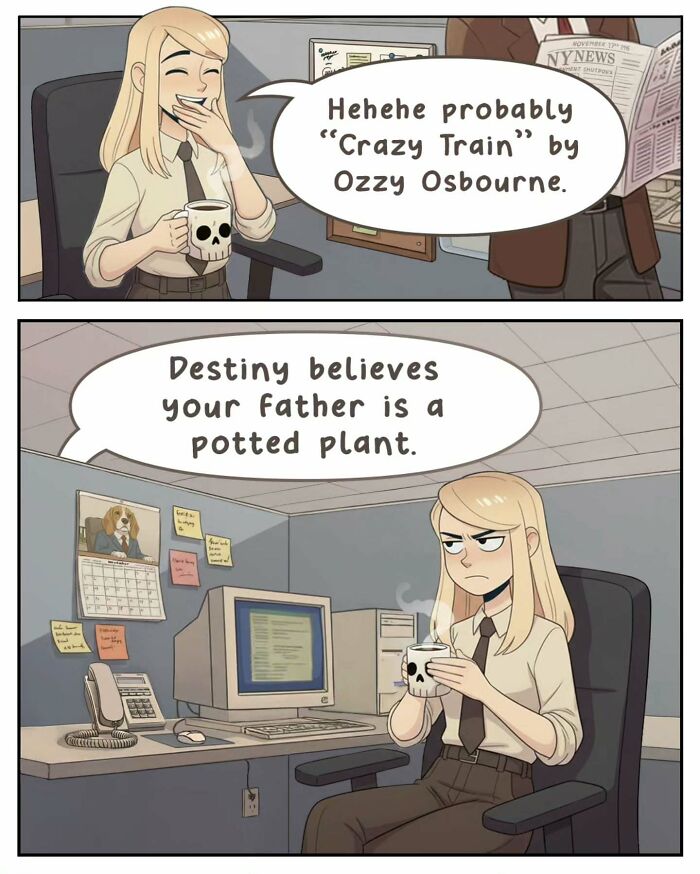 Victor Gnarly's nostalgic comics illustrate life before smartphones, with a woman talking about theme songs in an office.
