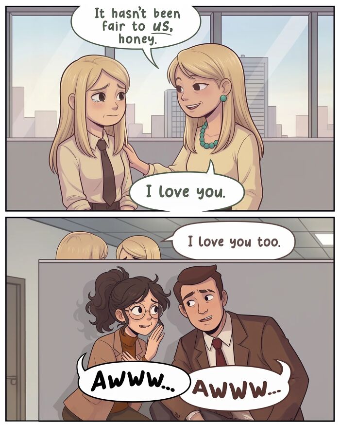 A nostalgic comic depicts a tense conversation in an office setting, illustrating life before smartphones.