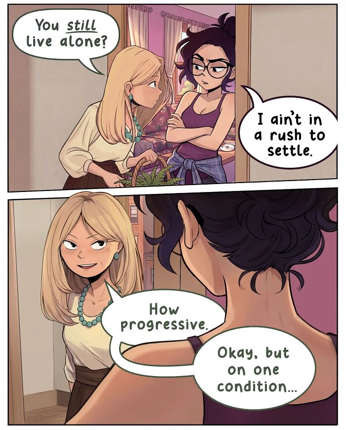 A comic showing a woman surprised by her friends being next door, capturing life before smartphones in Victor Gnarly's comics.