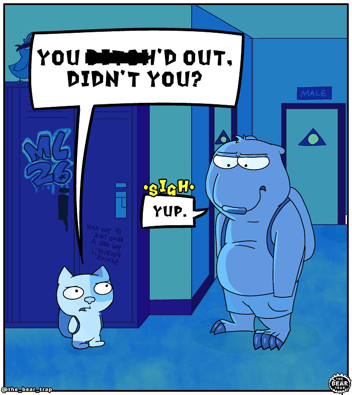 A comic of a bear holding a book in a hallway, with another animal encouraging him to ask someone out. Hilarious animal comics.
