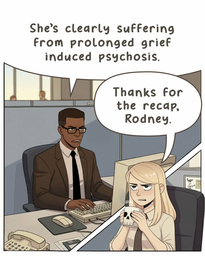Victor Gnarly's nostalgic comics illustrate life before smartphones, with a woman talking about theme songs in an office.