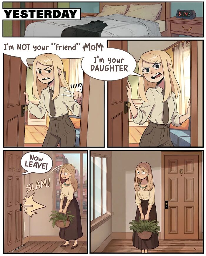 A comic showing a woman surprised by her friends being next door, capturing life before smartphones in Victor Gnarly's comics.