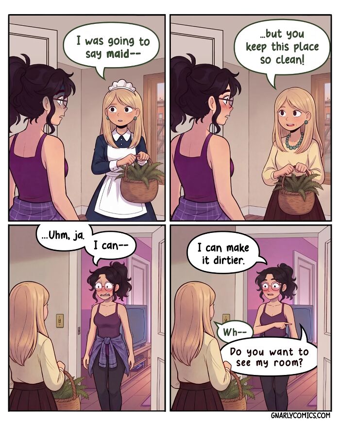 A comic from Victor Gnarly's Yesterday's Papers showing a woman moving into a new room. Nostalgic comics.