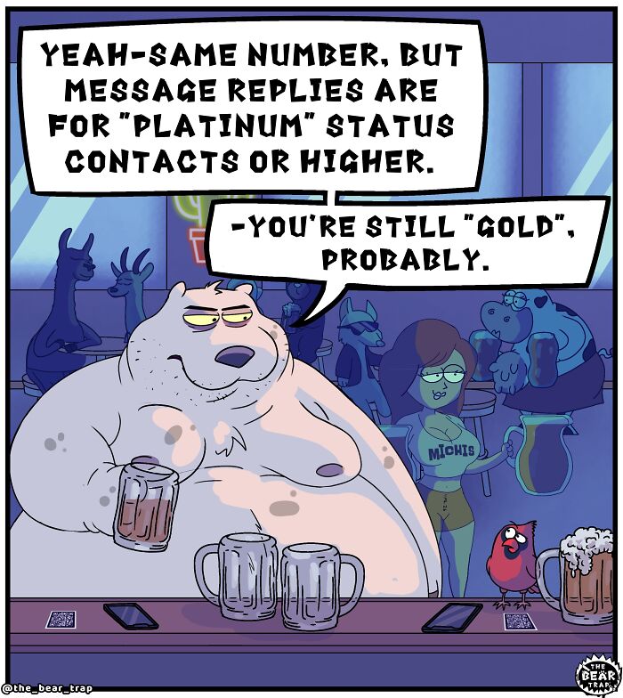 A comic of a large bear drinking beer at a bar, ignoring texts. A bird is next to a phone on the counter. Hilarious animal comics.