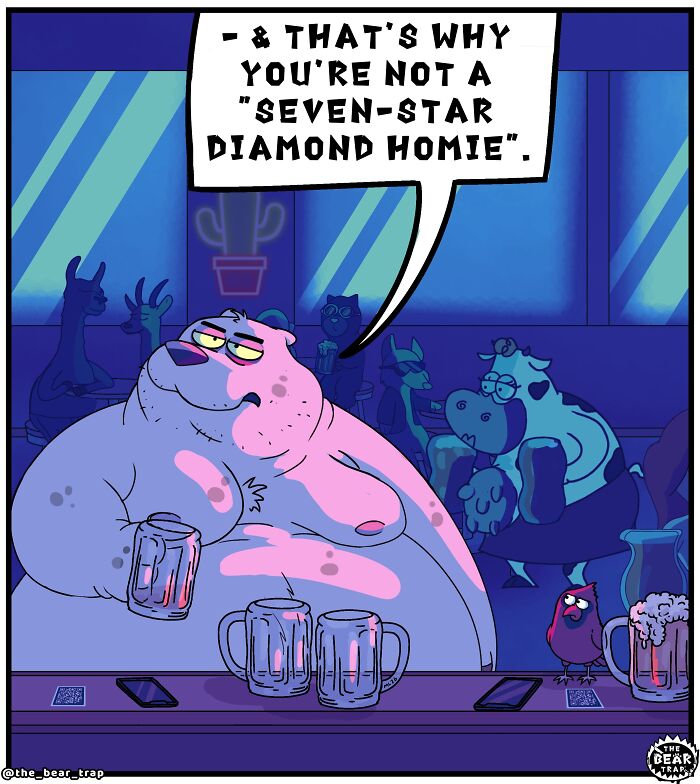 A comic of a large bear drinking beer at a bar, ignoring texts. A bird is next to a phone on the counter. Hilarious animal comics.