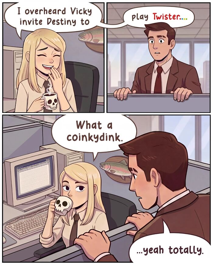 A nostalgic comic depicts life before smartphones, with a man startling a woman at her cubicle, making her almost drop her coffee.