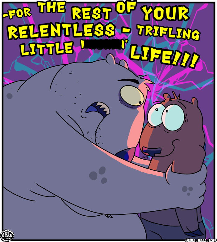 Hilarious animal comics: A smaller bear looking concerned, with a speech bubble saying 'It's just one crisis after another-'