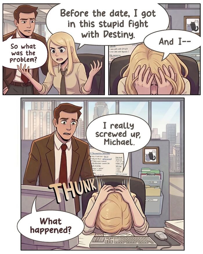 A nostalgic comic shows life before smartphones, with a woman in an office discussing a date, then on a romantic walk with a man.