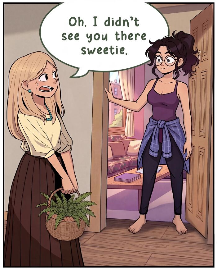 A comic showing a woman surprised by her friends being next door, capturing life before smartphones in Victor Gnarly's comics.