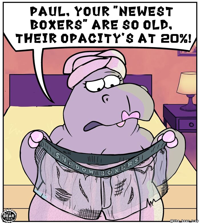 Hilarious animal comics: A large bear in a bathroom with shaving cream on his face, holding scissors, asking for new boxers.