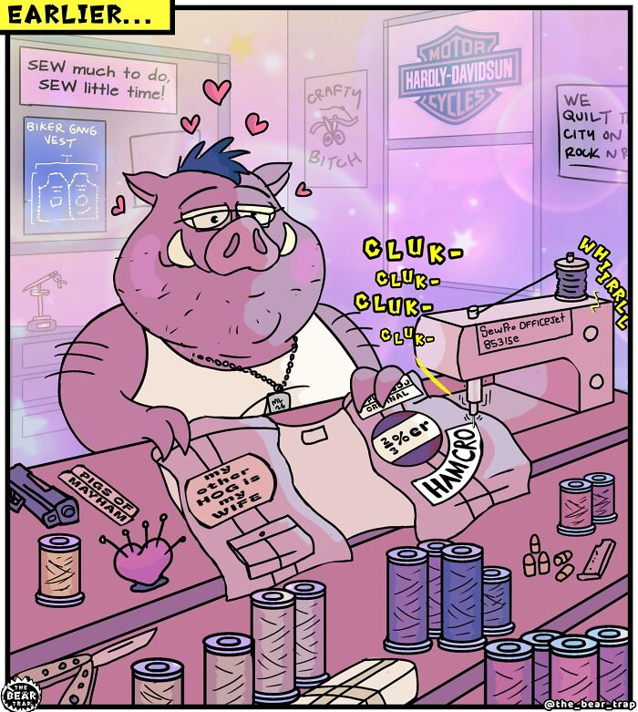 Hilarious animal comics: A boar in a biker vest and sunglasses with a motorcycle silhouette in the background.