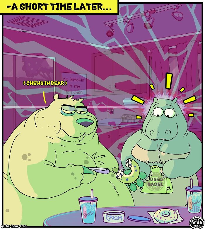 Hilarious animal comics: A bear in a bagel shop holding tongs, asking 'Whadda you want?' to an off-screen person.