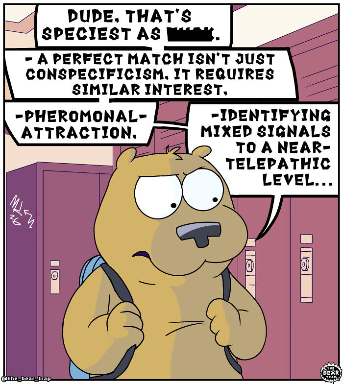 A comic of a bear holding a book in a hallway, with another animal encouraging him to ask someone out. Hilarious animal comics.