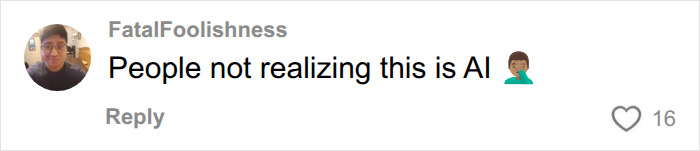 Screenshot of a comment from FatalFoolishness, stating People not realizing this is AI, related to a former Netflix star. Screenshot of a comment from FatalFoolishness, stating People not realizing this is AI, related to a former Netflix star.