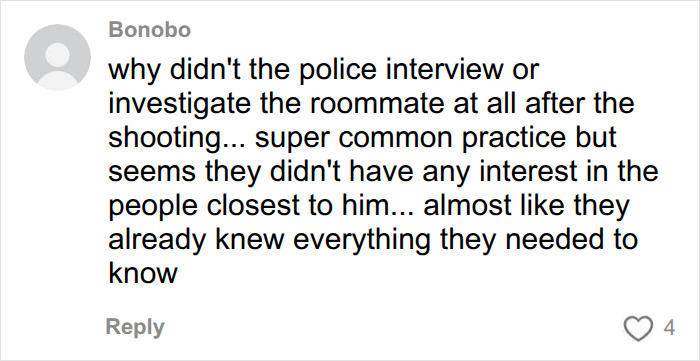 A social media comment questioning why police did not interview the roommate after the shooting in the Tyler Robinson case. A social media comment questioning why police did not interview the roommate after the shooting in the Tyler Robinson case.