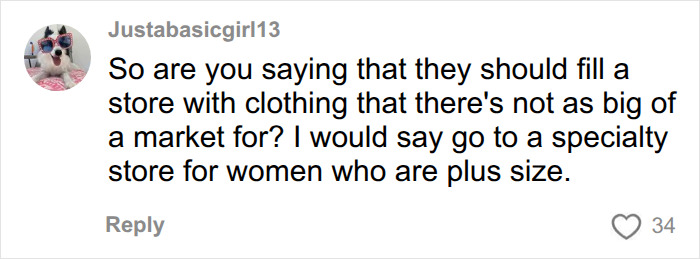 A comment suggesting specialty stores for plus-size women's clothing due to market demand. A comment suggesting specialty stores for plus-size women's clothing due to market demand.