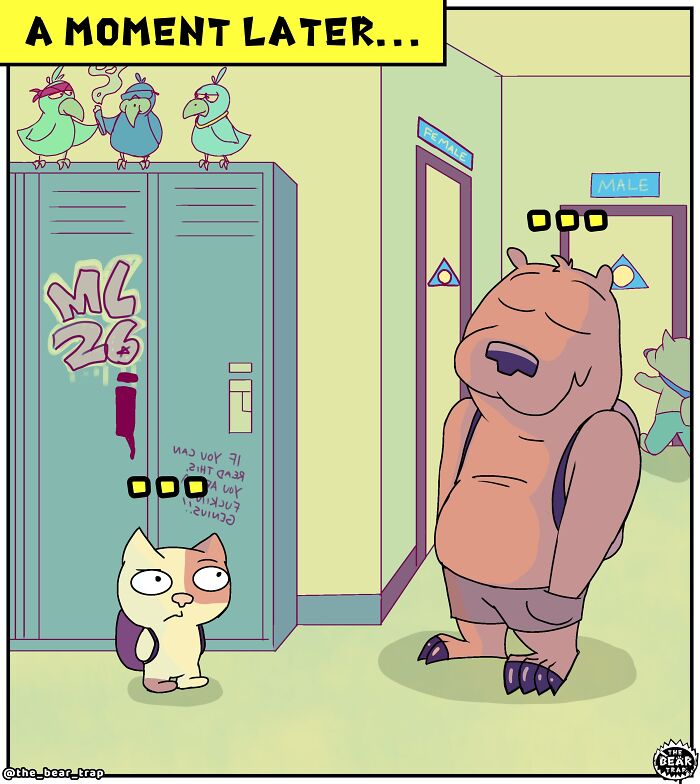 A comic of a bear holding a book in a hallway, with another animal encouraging him to ask someone out. Hilarious animal comics.