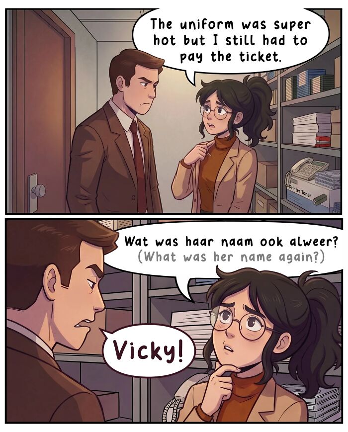 A nostalgic comic illustrates life before smartphones, with a man approaching a woman in an office hallway for a private word.