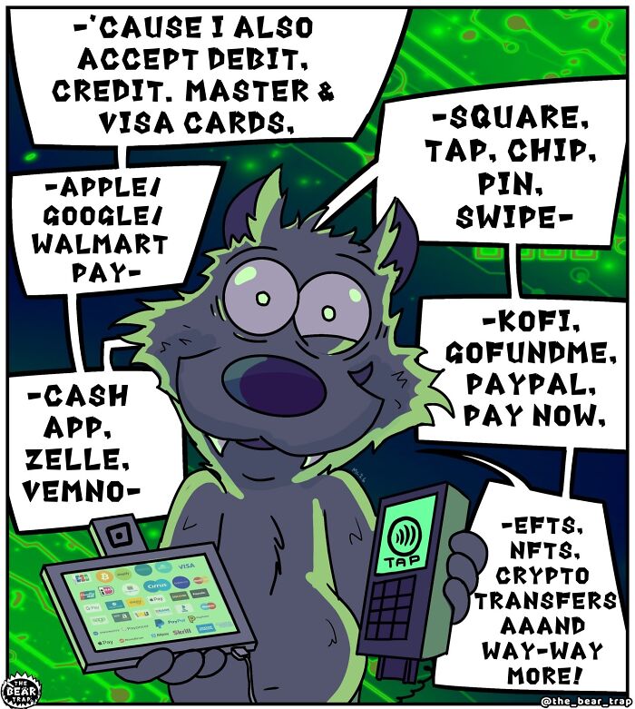 Hilarious animal comics: A wolf in tattered clothes asks a bear for money inside a store.