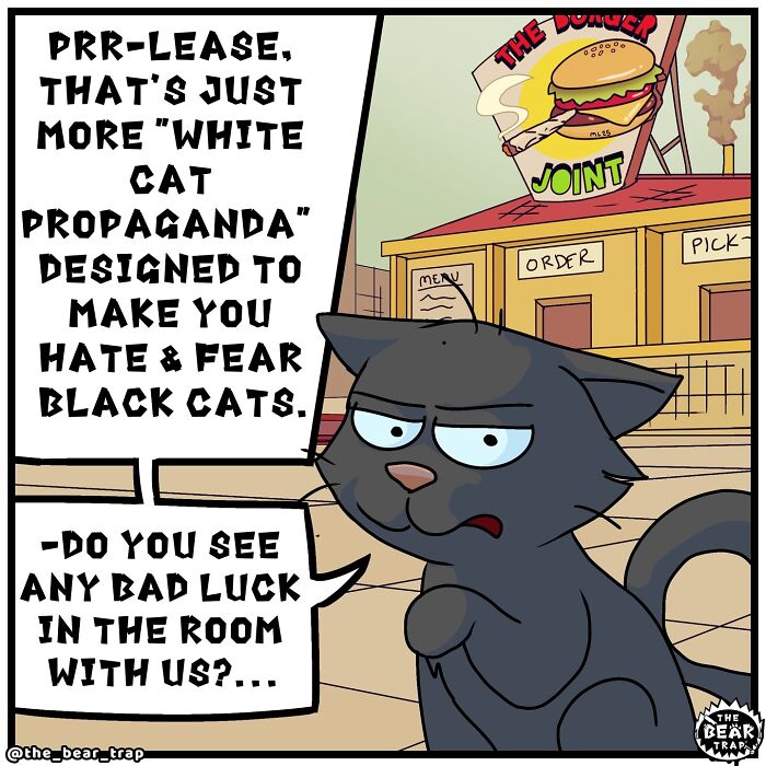 Hilarious animal comics: Two bears and a cat with a speech bubble saying, 'Watch that cat son, they're bad luck.'