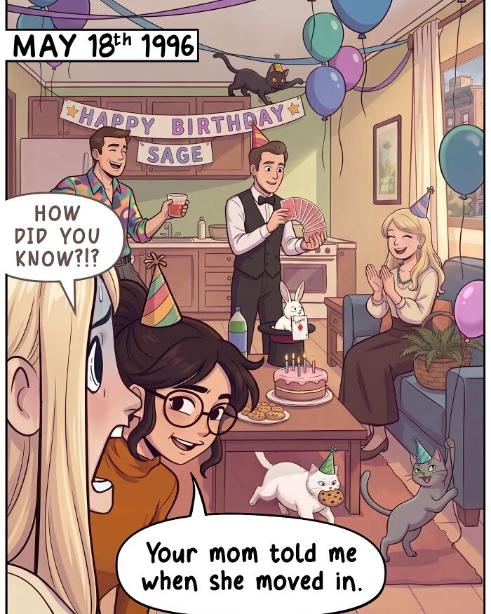 A nostalgic comic shows a person startled by a surprise, dropping groceries, depicting life before smartphones.