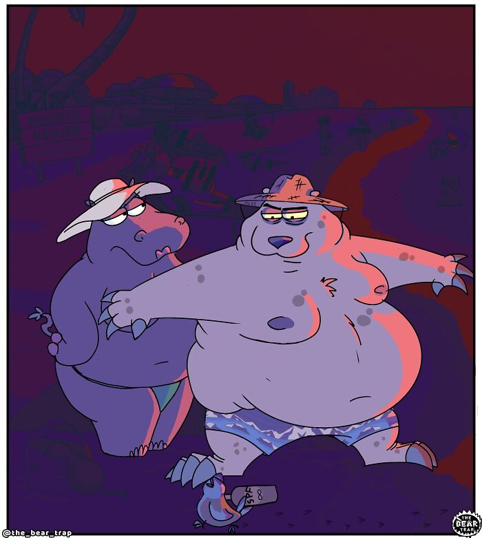 Hilarious animal comics: Two animals at a beach, one trying on a hat and the other applying sunscreen.