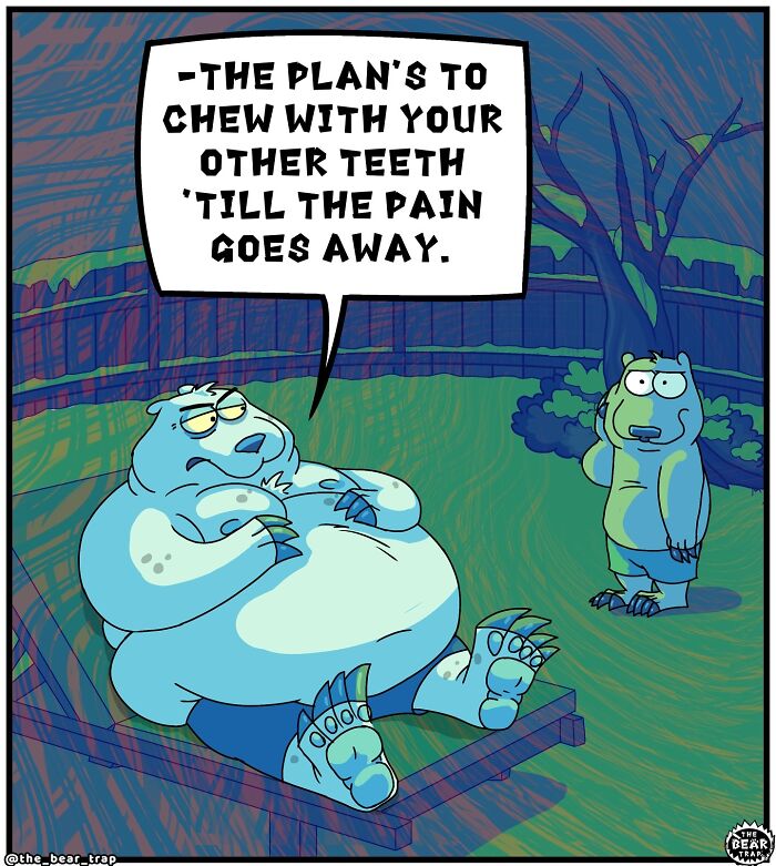 Hilarious animal comics: A sleepy bear ignores a smaller animal complaining about a toothache.