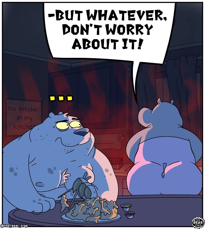 Hilarious animal comics: A bear eats at a table while a hippo stands with its back turned in a kitchen.