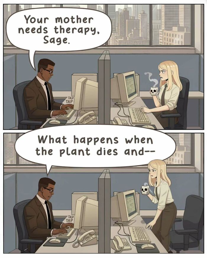Victor Gnarly's nostalgic comics illustrate life before smartphones, with a woman talking about theme songs in an office.