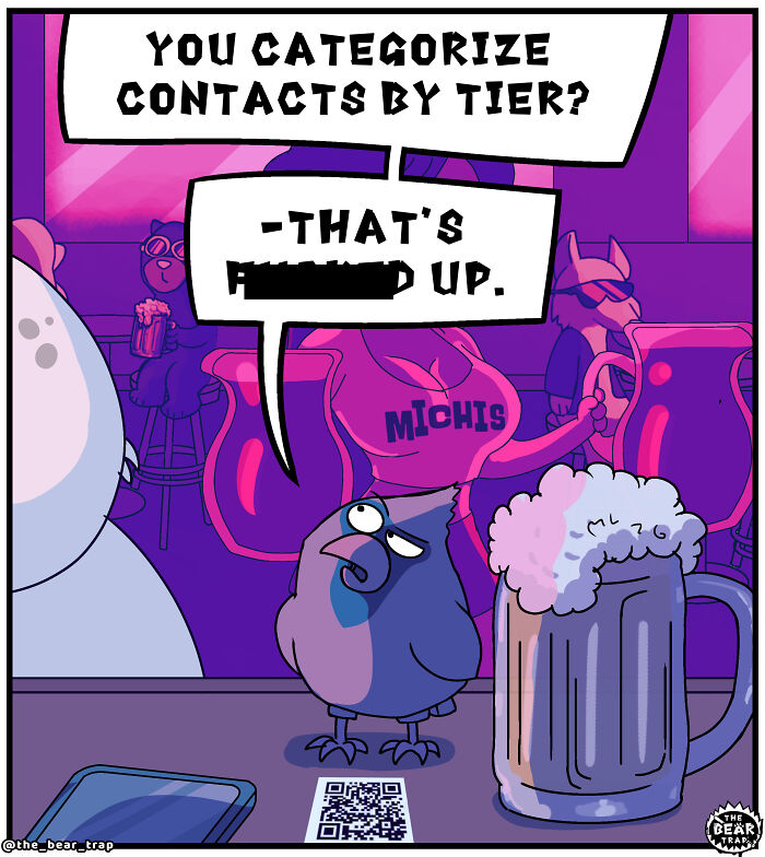A comic of a large bear drinking beer at a bar, ignoring texts. A bird is next to a phone on the counter. Hilarious animal comics.