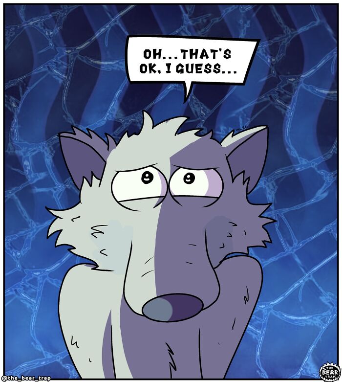 Hilarious animal comics: A wolf in tattered clothes asks a bear for money inside a store.