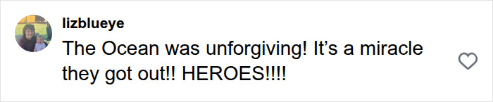 A social media post from lizblueye praising the heroic ocean rescue, calling the lifeguard a hero. A social media post from lizblueye praising the heroic ocean rescue, calling the lifeguard a hero.