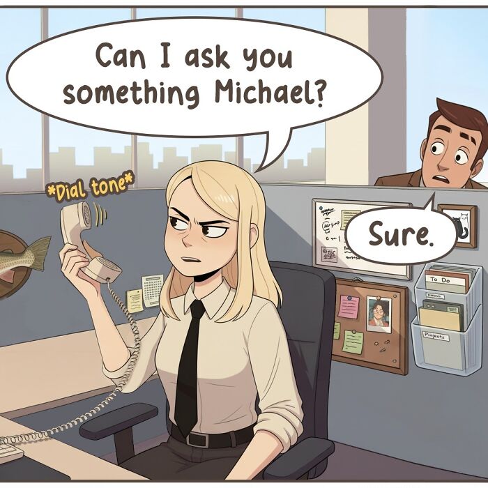 A comic from Victor Gnarly's Yesterday's Papers showing a woman talking on a landline phone. Nostalgic comics.