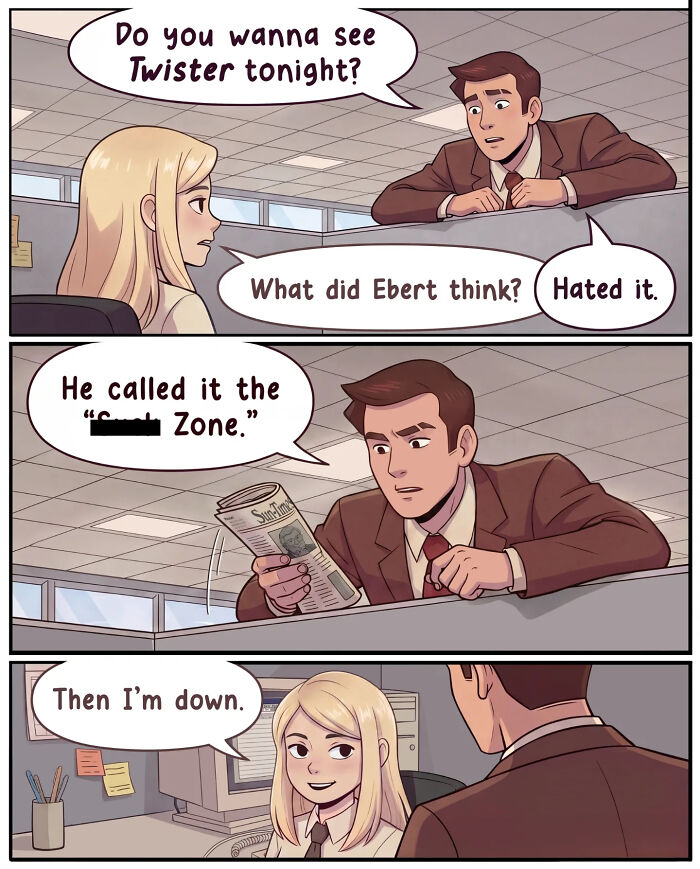 A nostalgic comic depicts life before smartphones, with a man startling a woman at her cubicle, making her almost drop her coffee.