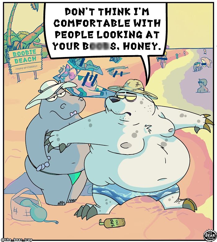 Hilarious animal comics: Two animals at a beach, one trying on a hat and the other applying sunscreen.