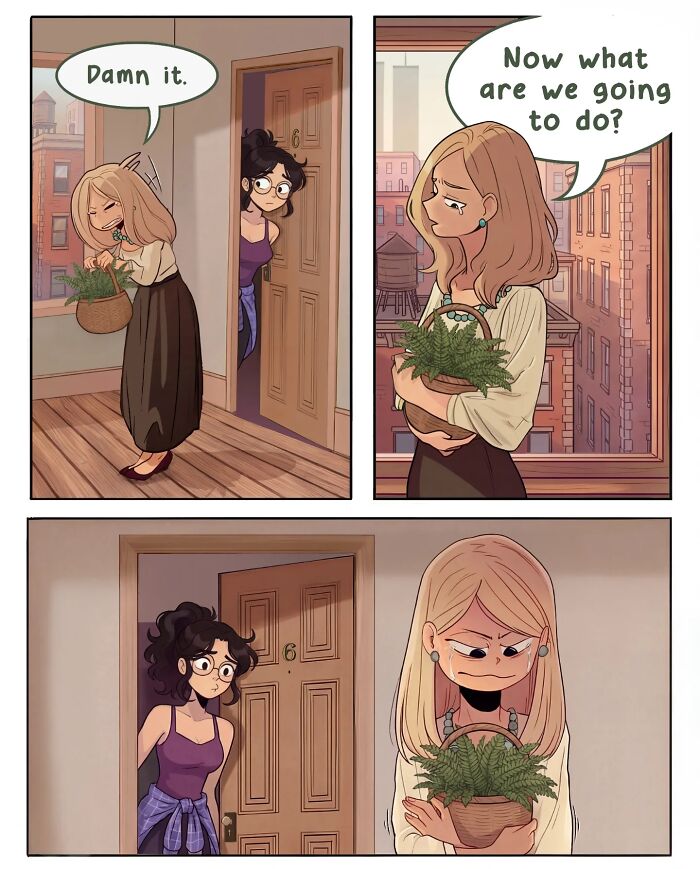 A comic showing a woman surprised by her friends being next door, capturing life before smartphones in Victor Gnarly's comics.