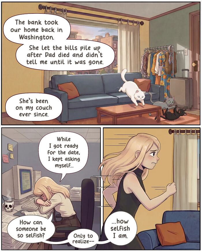 A nostalgic comic shows life before smartphones, with a woman in an office discussing a date, then on a romantic walk with a man.