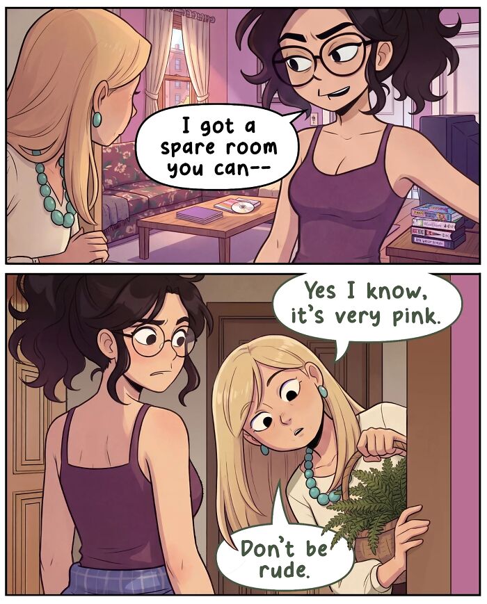 A comic showing a woman surprised by her friends being next door, capturing life before smartphones in Victor Gnarly's comics.