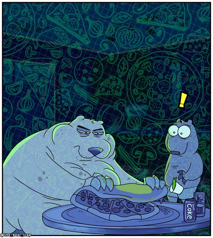 A comic showing a large white bear preparing to eat a pizza while a smaller brown animal character watches. The bear is in a kitchen, and there is a can of soda next to the pizza. This is an example of hilarious animal comics.