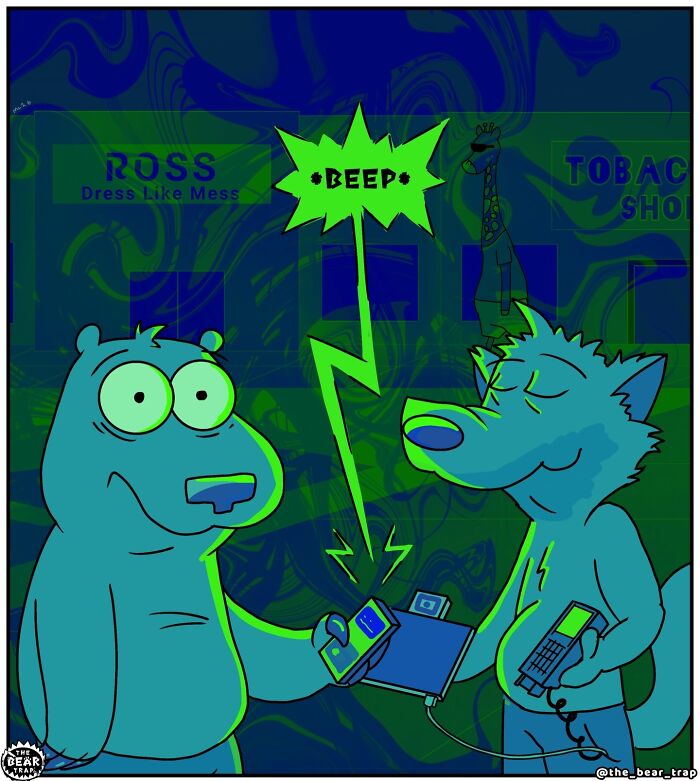 Hilarious animal comics: A wolf in tattered clothes asks a bear for money inside a store.