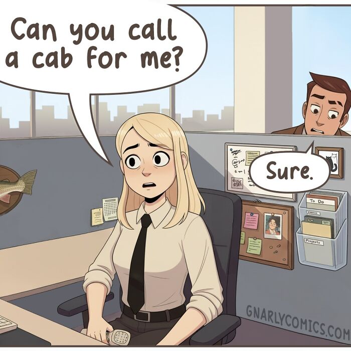 A comic from Victor Gnarly's Yesterday's Papers showing a woman talking on a landline phone. Nostalgic comics.