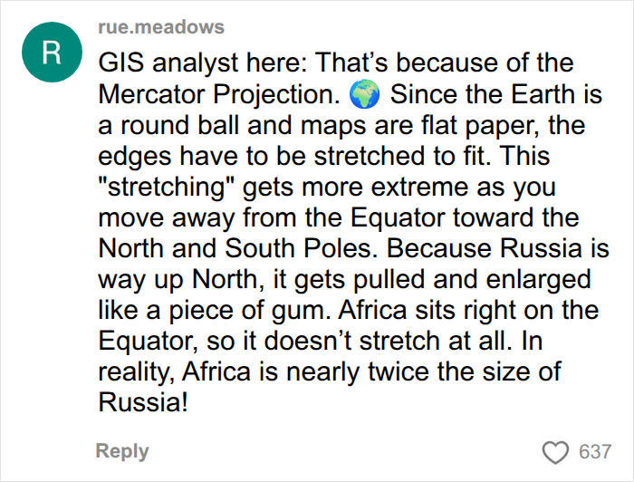 A comment explaining the Mercator Projection affects the actual scale of continents and countries like Russia and Africa.