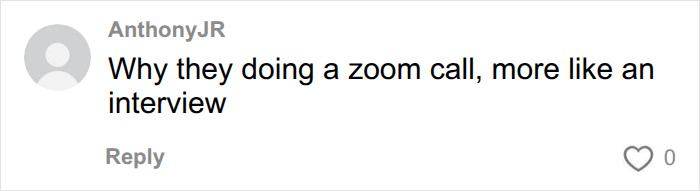 A social media comment questioning why the interview was a Zoom call, not a typical police interview with Tyler Robinson. A social media comment questioning why the interview was a Zoom call, not a typical police interview with Tyler Robinson.