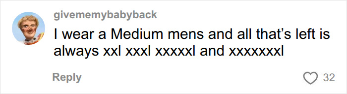 A comment from a user stating that only large sizes like XXL, XXXL, etc., are left, related to plus-size influencer clothing selection. A comment from a user stating that only large sizes like XXL, XXXL, etc., are left, related to plus-size influencer clothing selection.