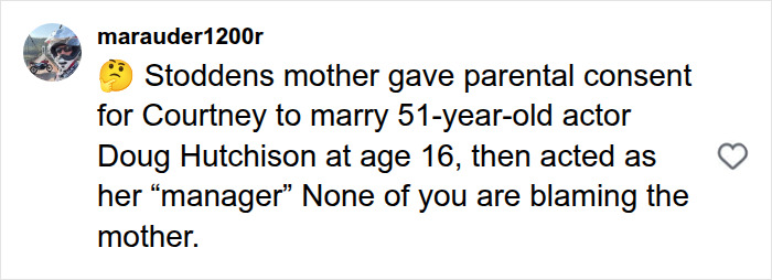A social media comment mentioning Courtney Stodden's mother and parental consent for marriage, relevant to the inappropriate comedy sketch discussion. A social media comment mentioning Courtney Stodden's mother and parental consent for marriage, relevant to the inappropriate comedy sketch discussion.
